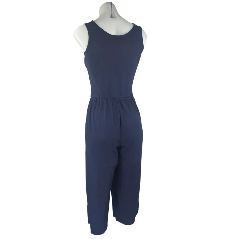 Gilli Navy Blue Sleeveless V Neck Faux Wrap Wide Leg Cropped Jumpsuit Size S